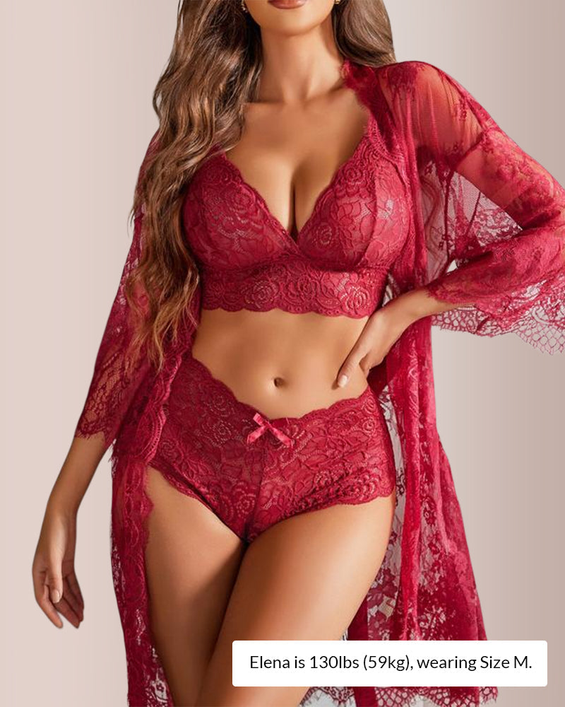 Curvvvy® BlossomLace – 3-Piece Sheer Lace Sleepwear Set curvvvy