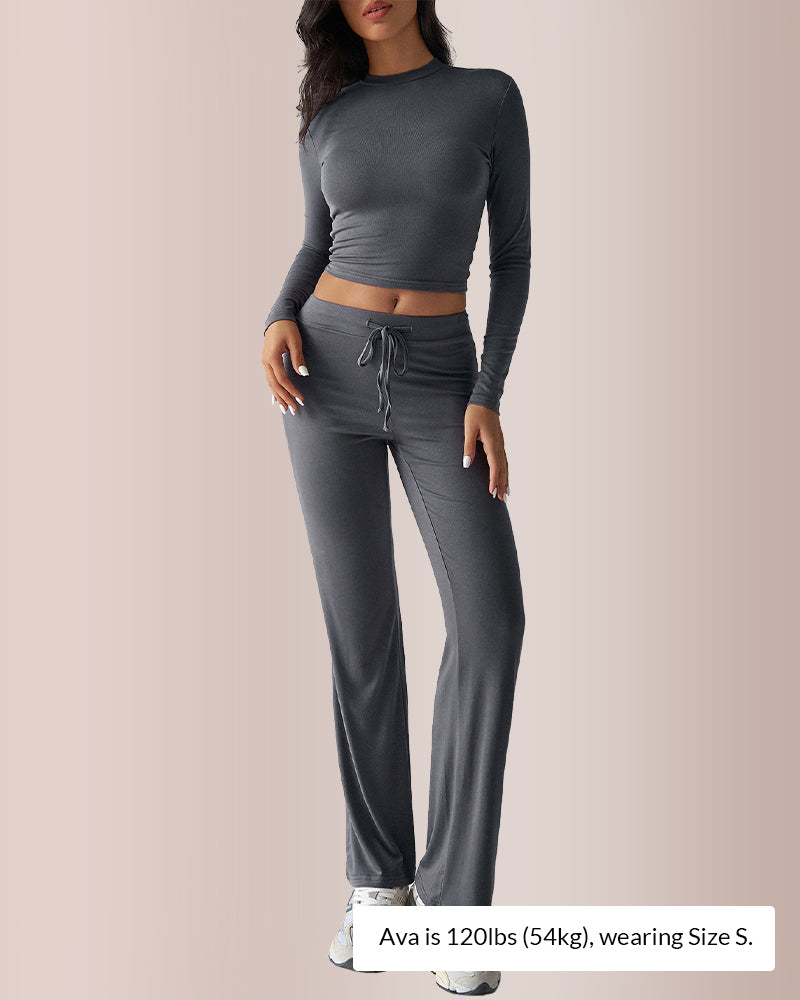 Curvvvy® Solid Long Sleeve Crop Top & Drawstring Pants Set