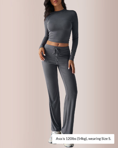 Curvvvy® Solid Long Sleeve Crop Top & Drawstring Pants Set