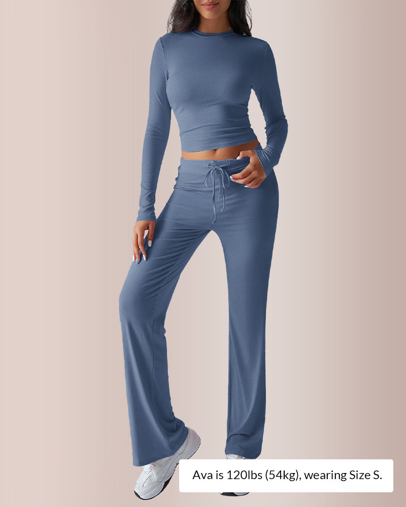 Curvvvy® Solid Long Sleeve Crop Top & Drawstring Pants Set