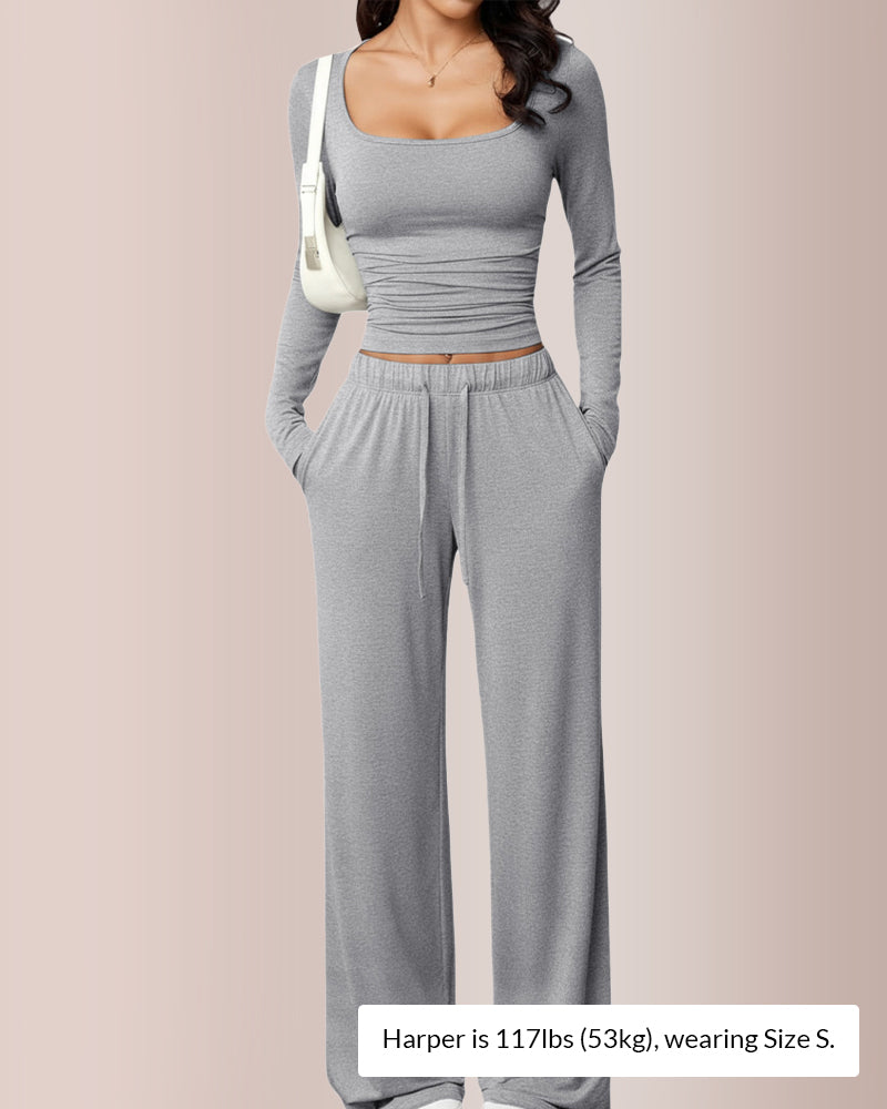 Curvvvy® Square Neck Crop Top & Wide Leg Pants Set