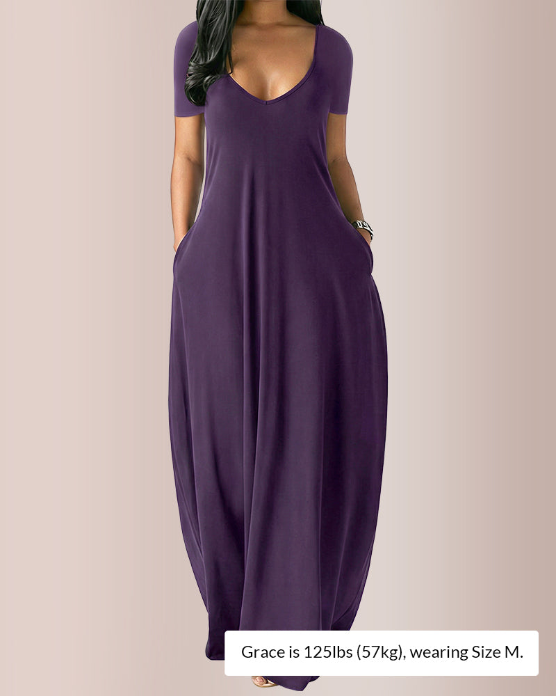 Curvvvy® Plus Size V-Neck Loose Fit Maxi Dress with Pockets