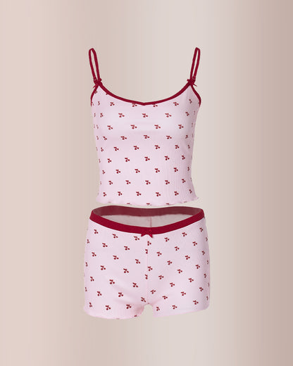 Curvvvy® Women's Cherry Print Contrast Binding Pyjama Set