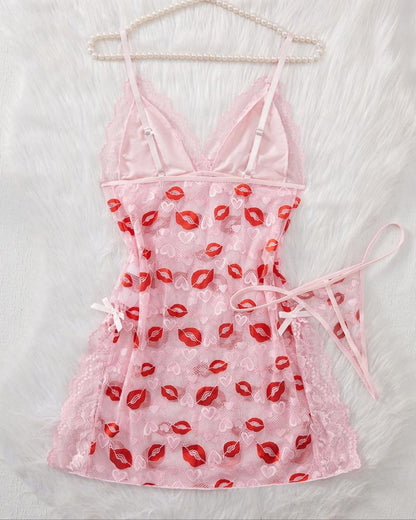 Curvvvy® Kiss Print Lace Babydoll Lingerie Set