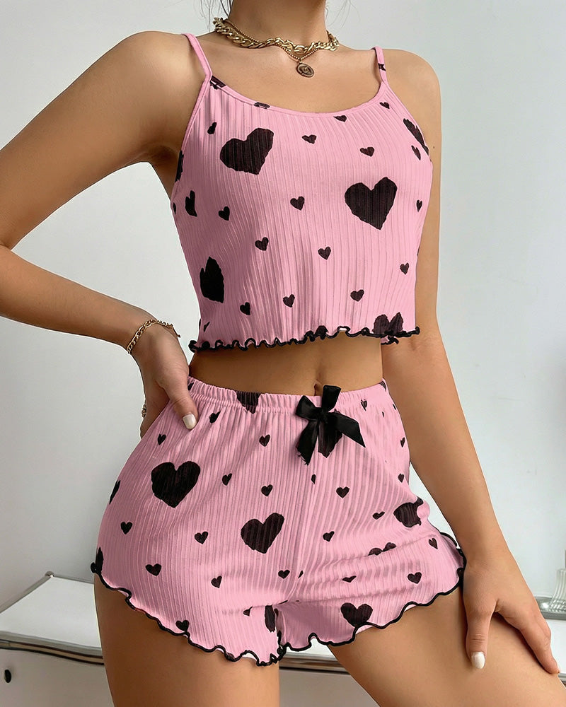 Curvvvy® Sweetheart Ruffle Trim Ribbed Cami Pajama Set