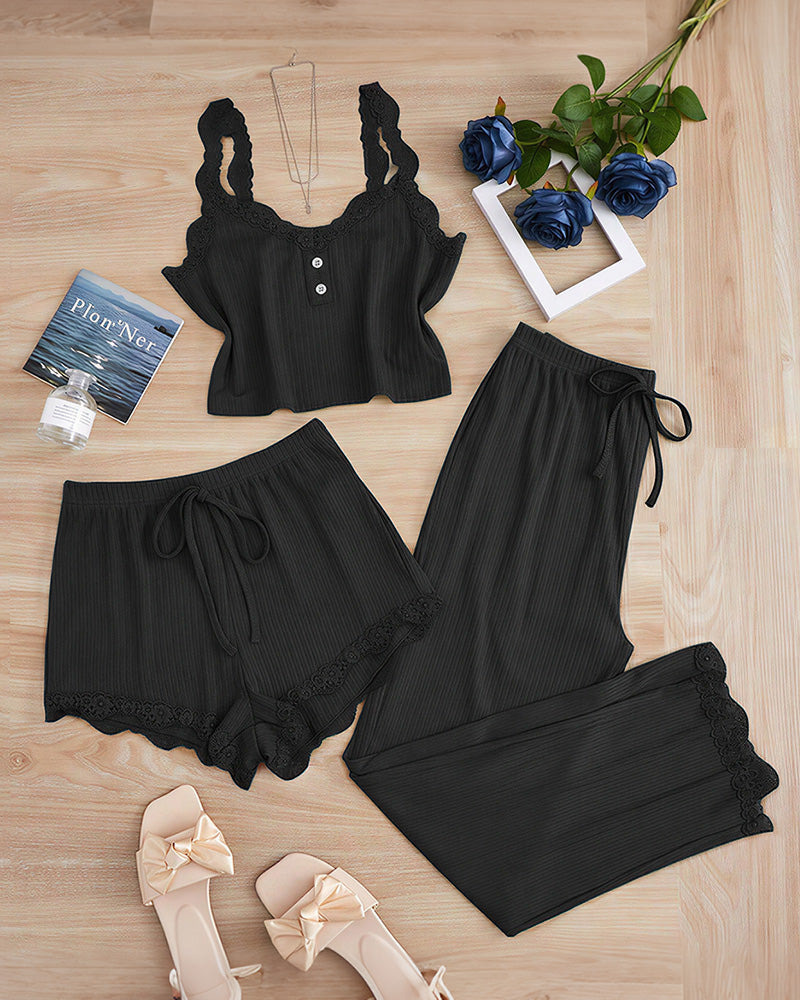 Curvvvy® Cozy Elegance 3-Piece Ribbed Lace Loungewear Set