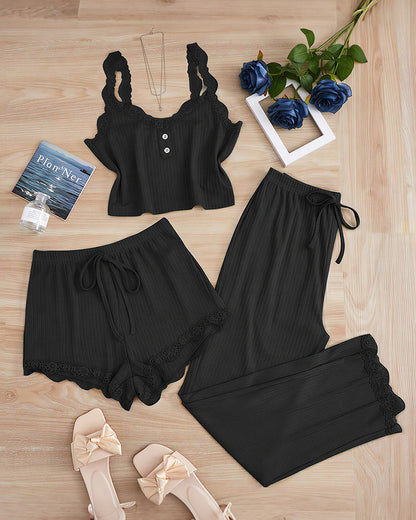 Curvvvy® Cozy Elegance 3-Piece Ribbed Lace Loungewear Set