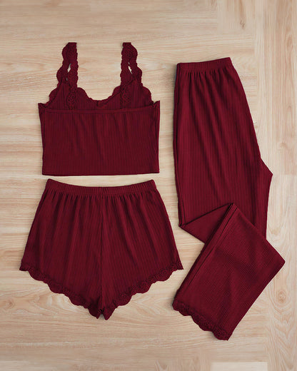Curvvvy® Cozy Elegance 3-Piece Ribbed Lace Loungewear Set