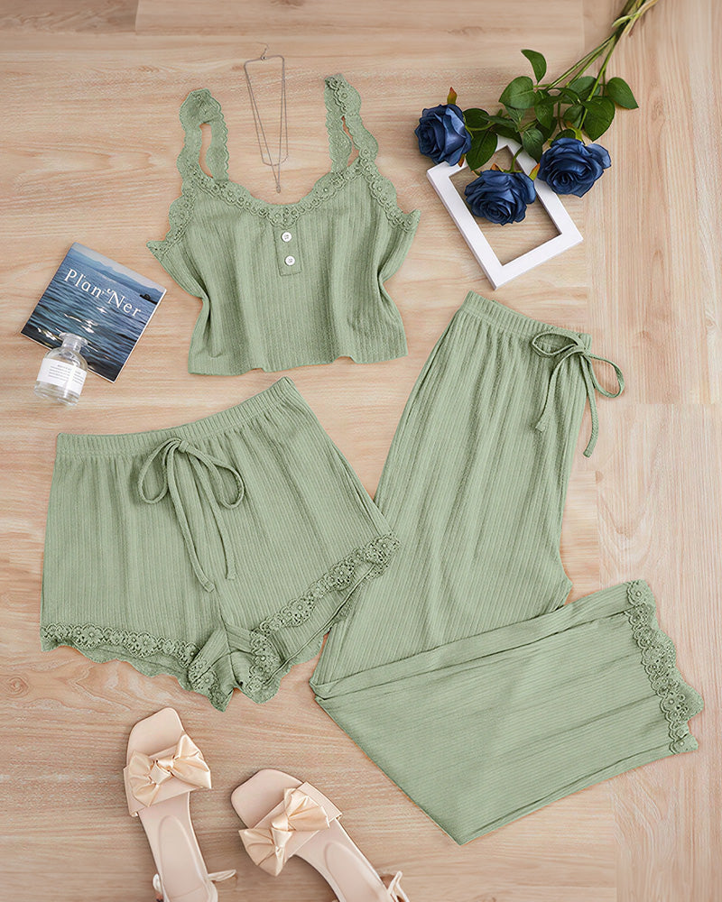 Curvvvy® Cozy Elegance 3-Piece Ribbed Lace Loungewear Set