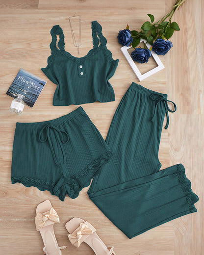 Curvvvy® Cozy Elegance 3-Piece Ribbed Lace Loungewear Set