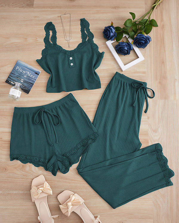 Curvvvy® Cozy Elegance 3-Piece Ribbed Lace Loungewear Set