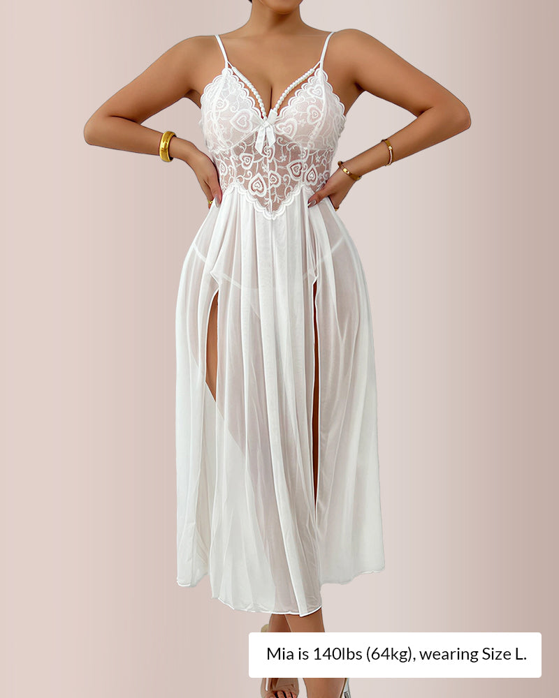 Curvvvy® The Aphrodite Sheer Lace High-Slit Maxi Nightgown