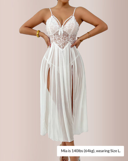 Curvvvy® The Aphrodite Sheer Lace High-Slit Maxi Nightgown