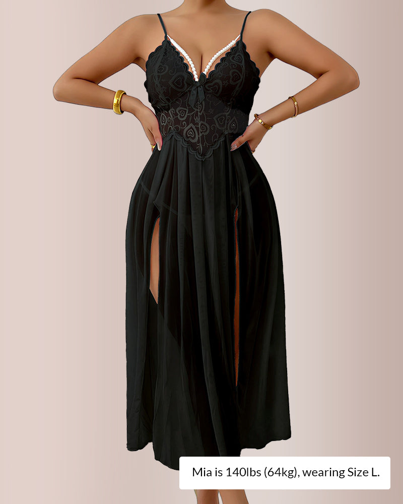 Curvvvy® The Aphrodite Sheer Lace High-Slit Maxi Nightgown