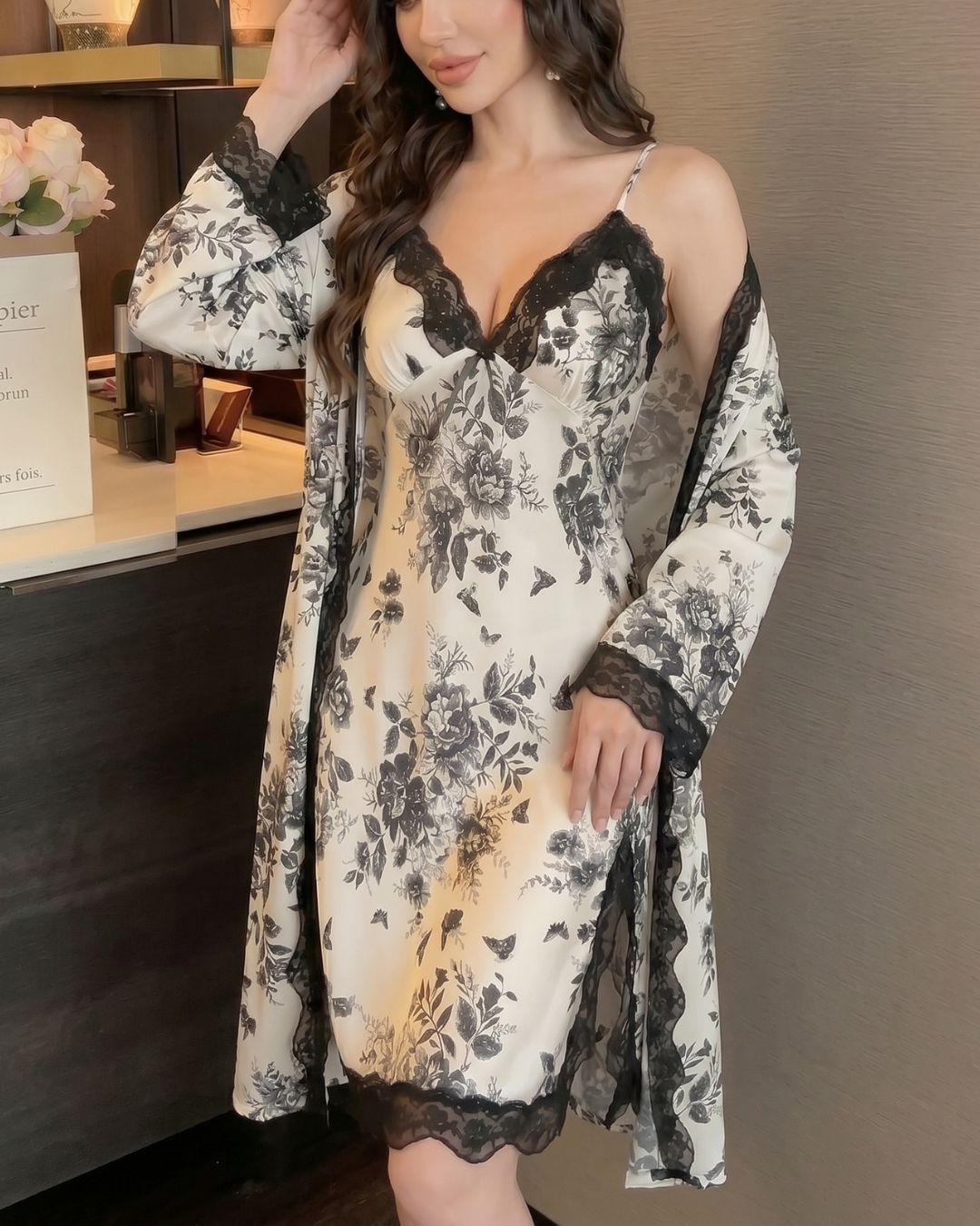 Curvvvy® Lace Floral Sleepwear Two Piece Set