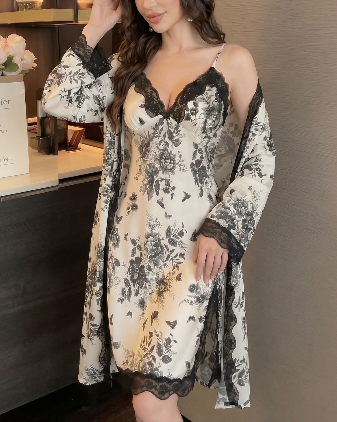 Curvvvy® Lace Floral Sleepwear Two Piece Set