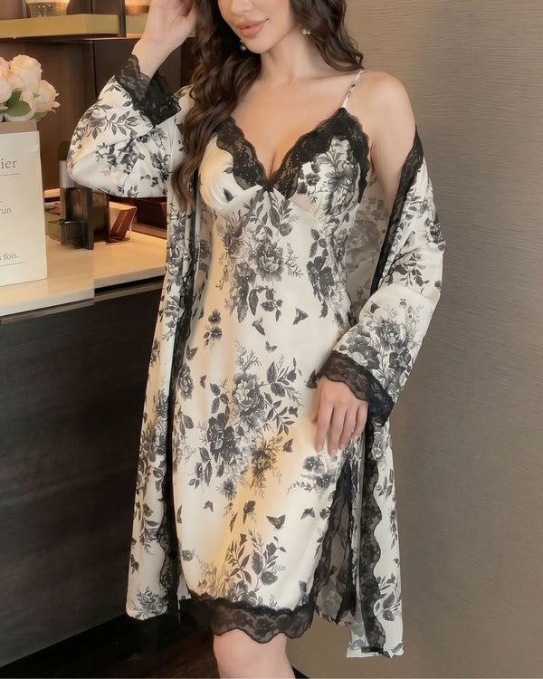 Curvvvy® Lace Floral Sleepwear Two Piece Set