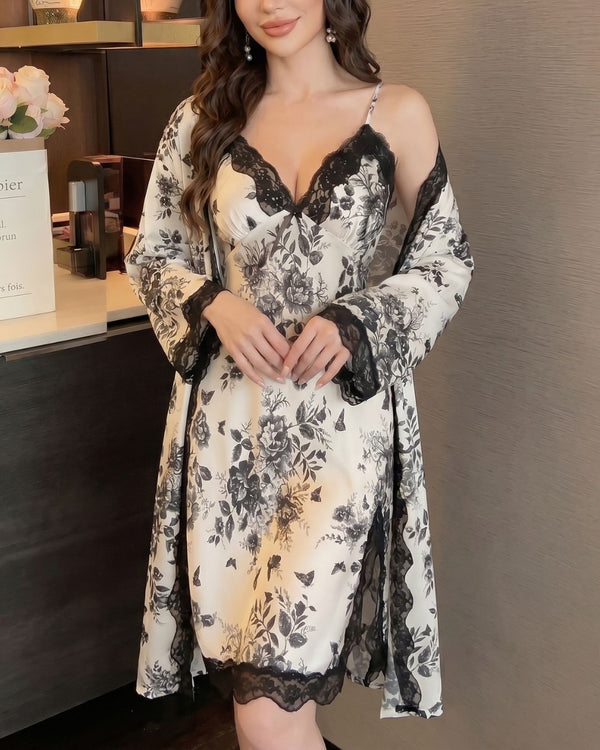 Curvvvy® Lace Floral Sleepwear Two Piece Set