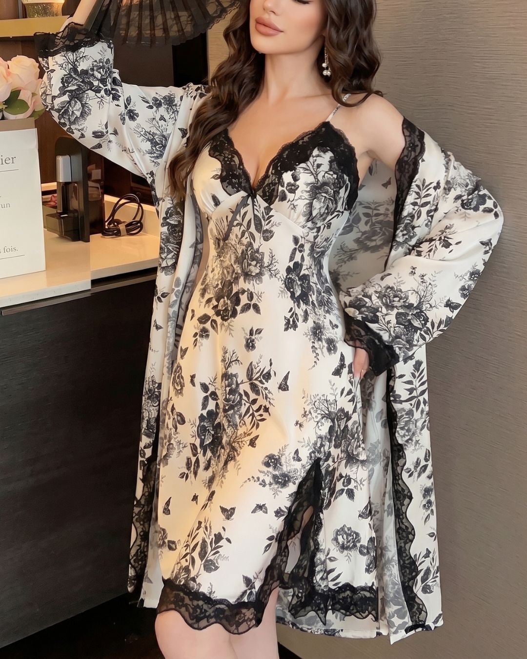 Curvvvy® Lace Floral Sleepwear Two Piece Set