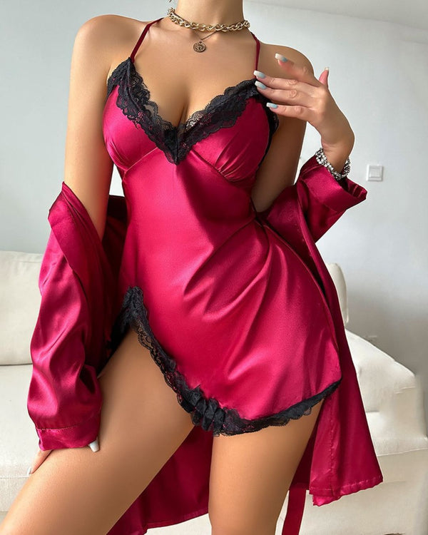 Curvvvy® Floral Lace Trim Sexy Side Slit Silk Nightgown