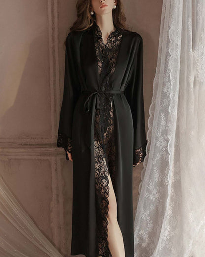 Curvvvy® Elegant Satin Robe Soft Lace Trim Flared Long Sleeves Silky