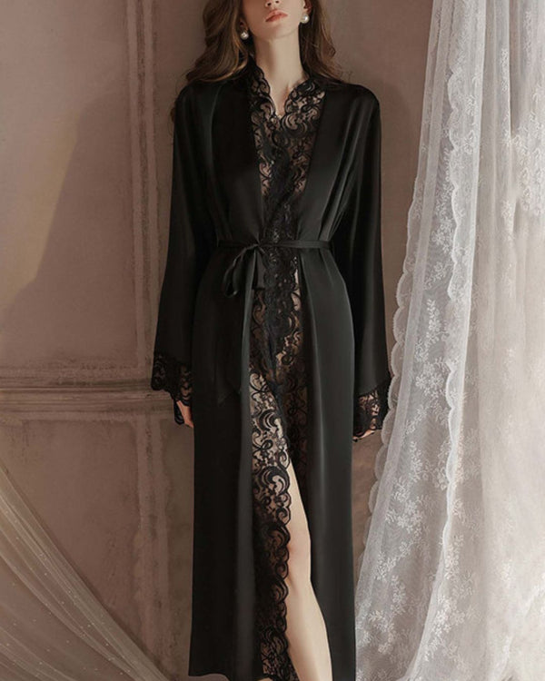 Curvvvy® Elegant Satin Robe Soft Lace Trim Flared Long Sleeves Silky