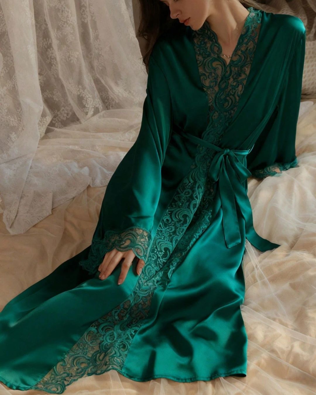 Curvvvy® Elegant Satin Robe Soft Lace Trim Flared Long Sleeves Silky