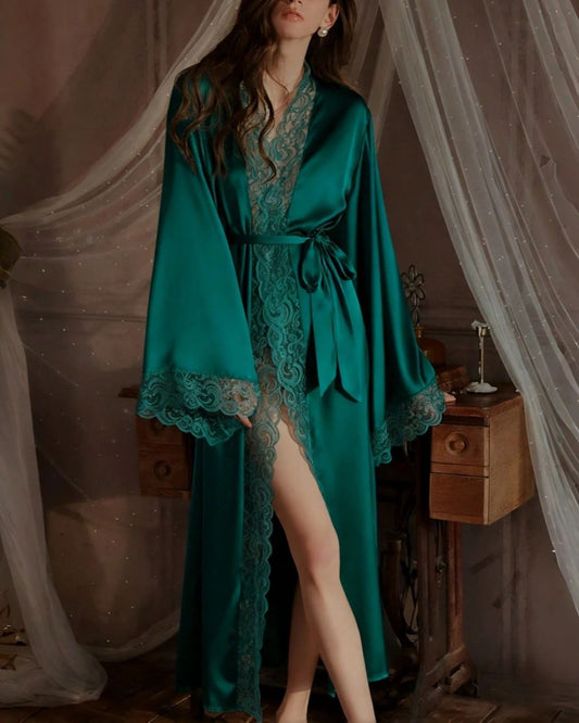 Curvvvy® Elegant Satin Robe Soft Lace Trim Flared Long Sleeves Silky