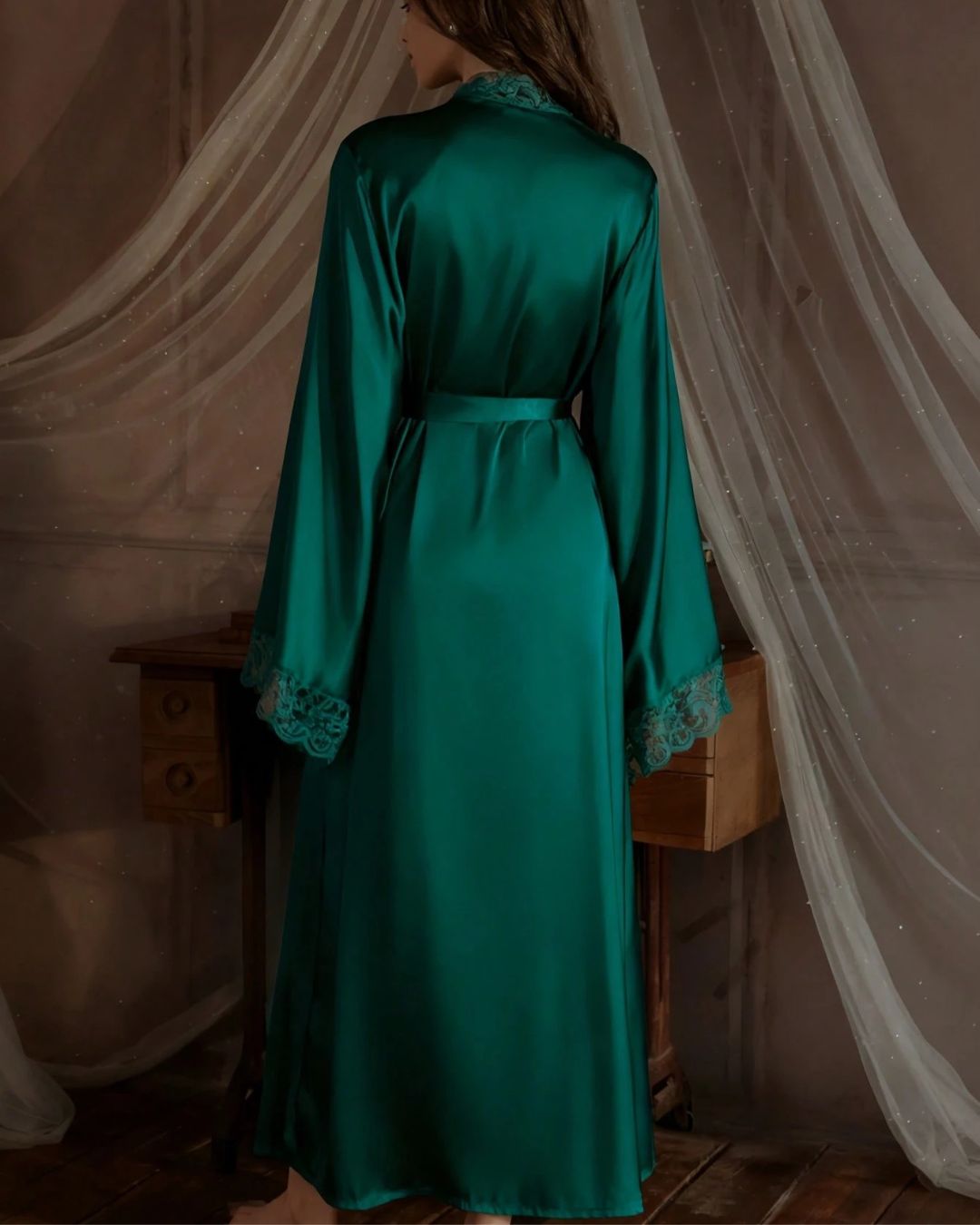 Curvvvy® Elegant Satin Robe Soft Lace Trim Flared Long Sleeves Silky