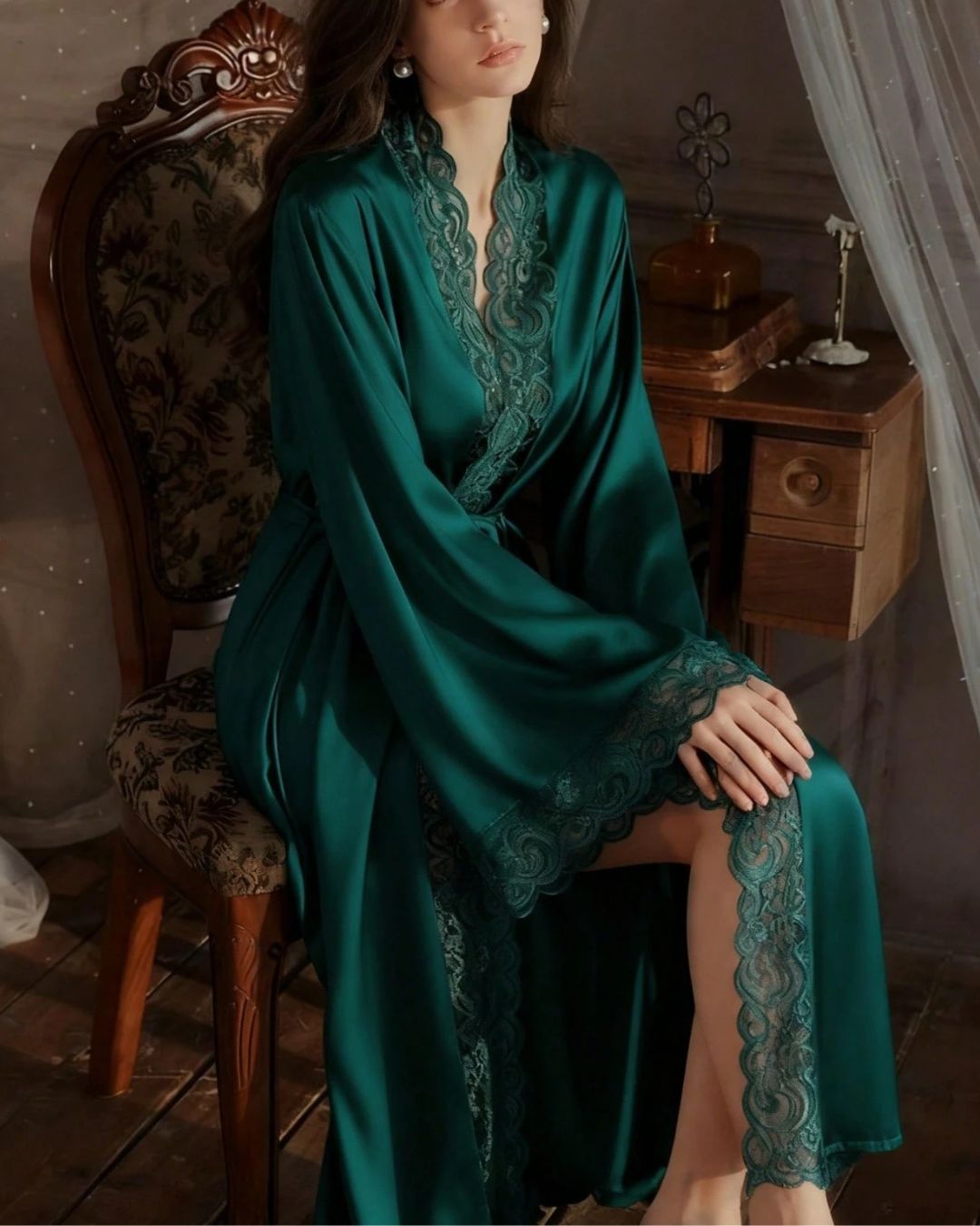 Curvvvy® Elegant Satin Robe Soft Lace Trim Flared Long Sleeves Silky