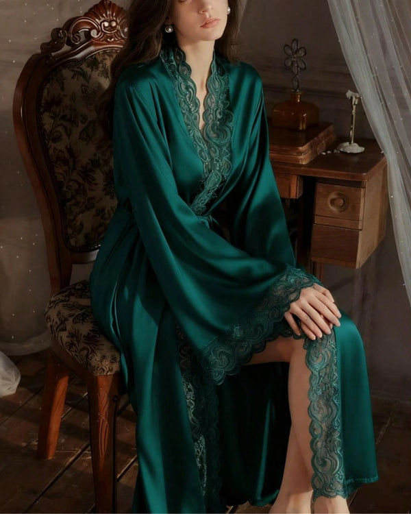 Curvvvy® Elegant Satin Robe Soft Lace Trim Flared Long Sleeves Silky