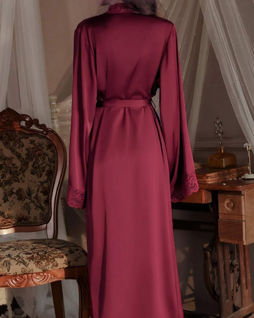 Curvvvy® Elegant Satin Robe Soft Lace Trim Flared Long Sleeves Silky