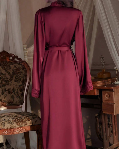 Curvvvy® Elegant Satin Robe Soft Lace Trim Flared Long Sleeves Silky