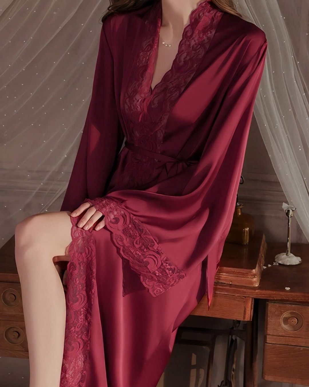 Curvvvy® Elegant Satin Robe Soft Lace Trim Flared Long Sleeves Silky