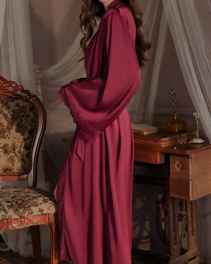 Curvvvy® Elegant Satin Robe Soft Lace Trim Flared Long Sleeves Silky