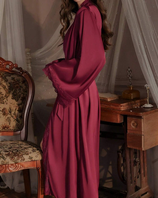 Curvvvy® Elegant Satin Robe Soft Lace Trim Flared Long Sleeves Silky