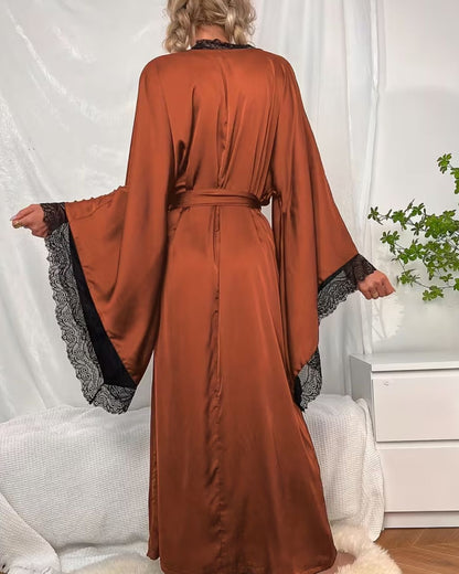 Curvvvy® Elegant Satin Robe Soft Lace Trim Flared Long Sleeves Silky