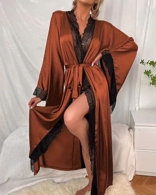 Curvvvy® Elegant Satin Robe Soft Lace Trim Flared Long Sleeves Silky