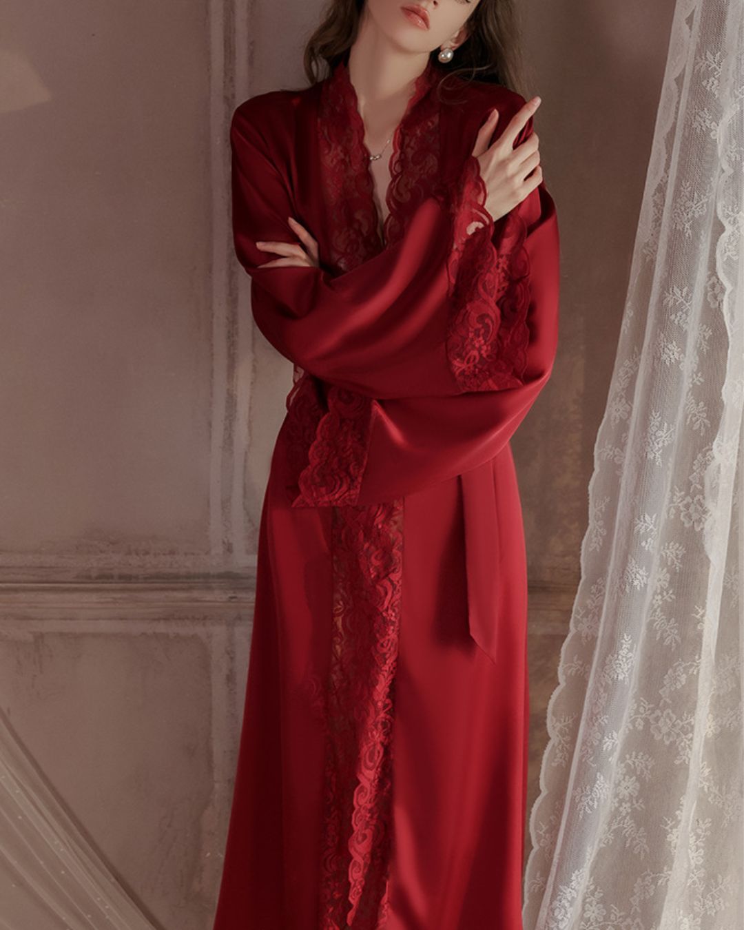 Curvvvy® Elegant Satin Robe Soft Lace Trim Flared Long Sleeves Silky