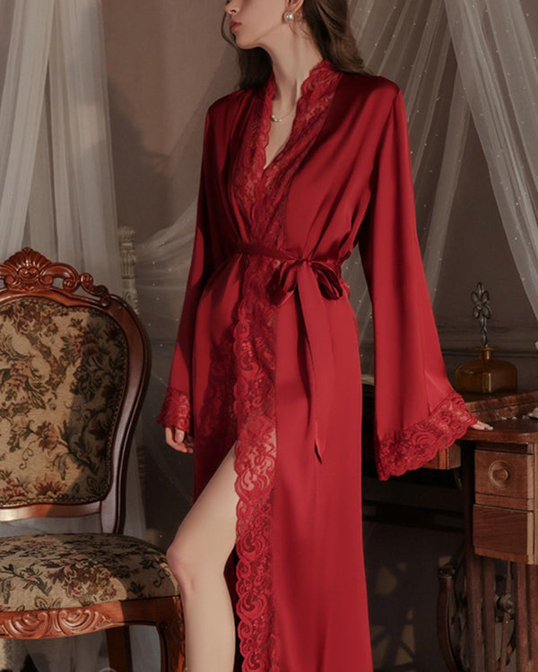 Curvvvy® Elegant Satin Robe Soft Lace Trim Flared Long Sleeves Silky