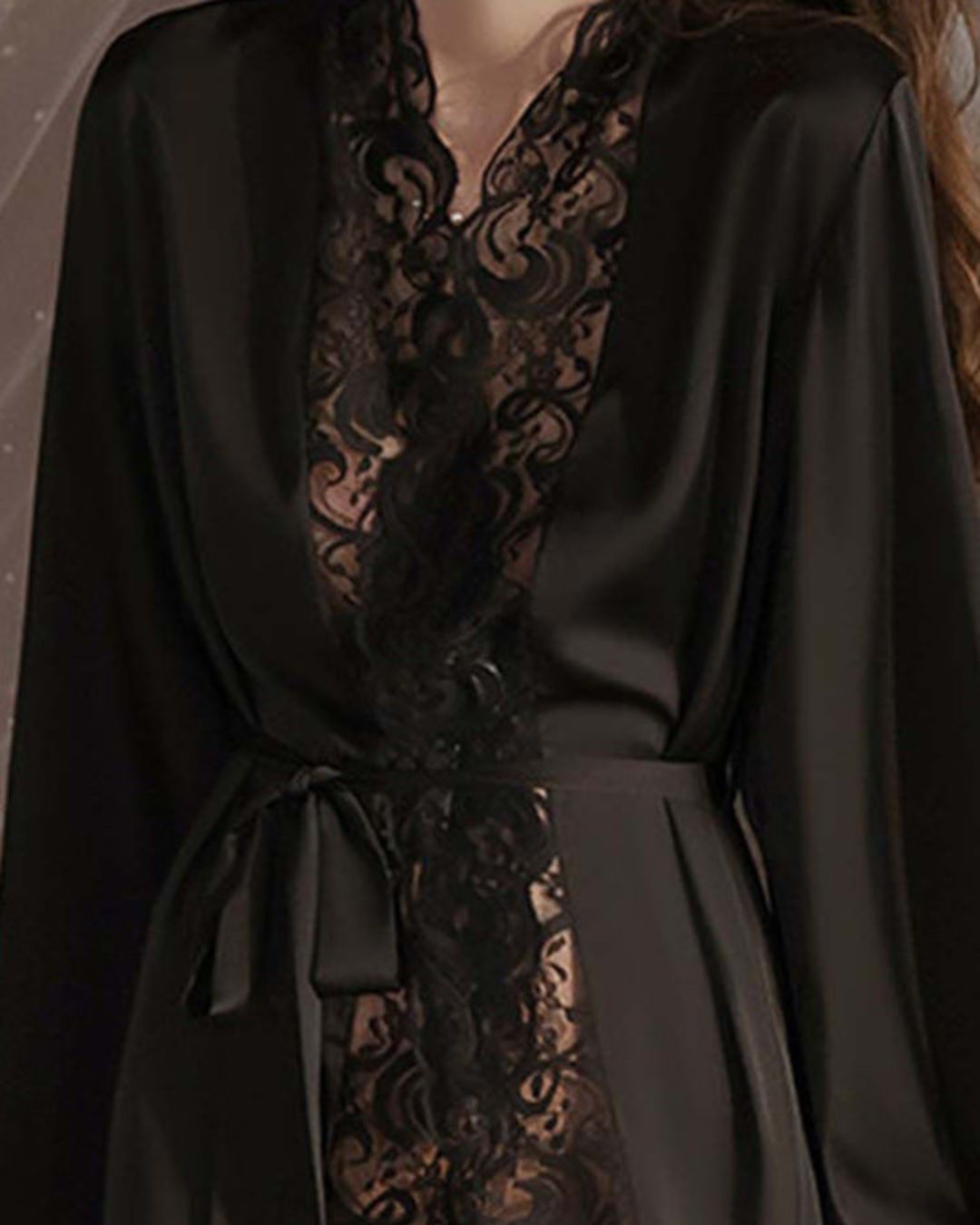 Curvvvy® Elegant Satin Robe Soft Lace Trim Flared Long Sleeves Silky
