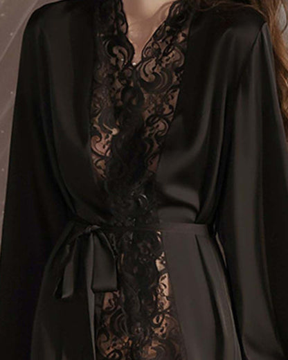 Curvvvy® Elegant Satin Robe Soft Lace Trim Flared Long Sleeves Silky