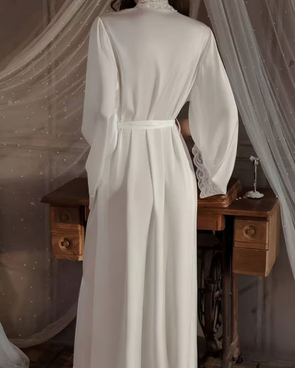 Curvvvy® Elegant Satin Robe Soft Lace Trim Flared Long Sleeves Silky