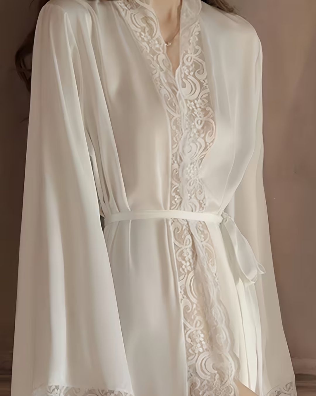 Curvvvy® Elegant Satin Robe Soft Lace Trim Flared Long Sleeves Silky