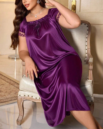 Curvvvy® Plus Size Square Neck Bow Embellished Pajama Night Dress