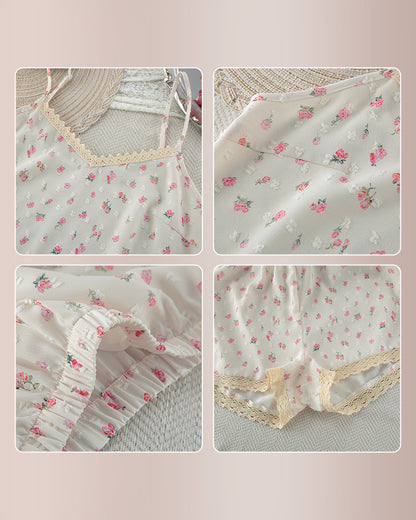 Curvvvy® Romantic Floral Swiss Dot Cami & Shorts Pajama Set with Lace Trim