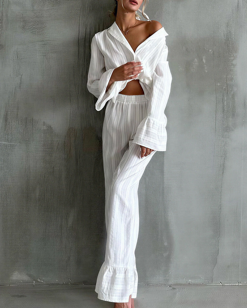 Curvvvy® Jacquard Ruffle Pajama Set Long Sleeve Loungewear