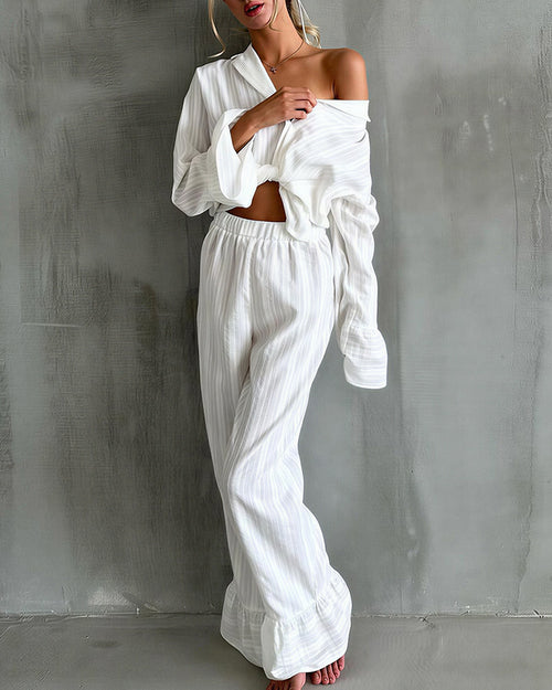 Curvvvy® Jacquard Ruffle Pajama Set Long Sleeve Loungewear