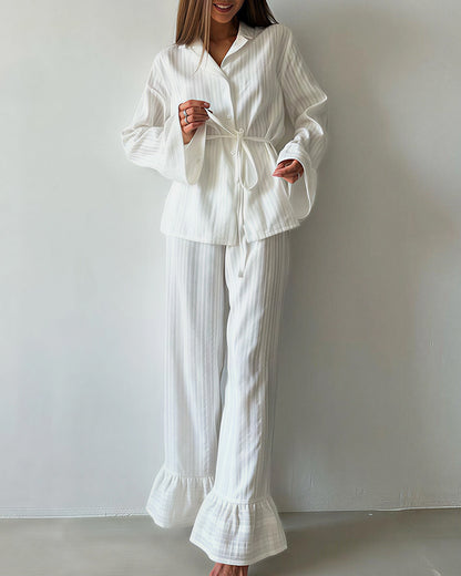 Curvvvy® Jacquard Ruffle Pajama Set Long Sleeve Loungewear