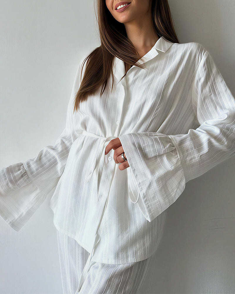 Curvvvy® Jacquard Ruffle Pajama Set Long Sleeve Loungewear